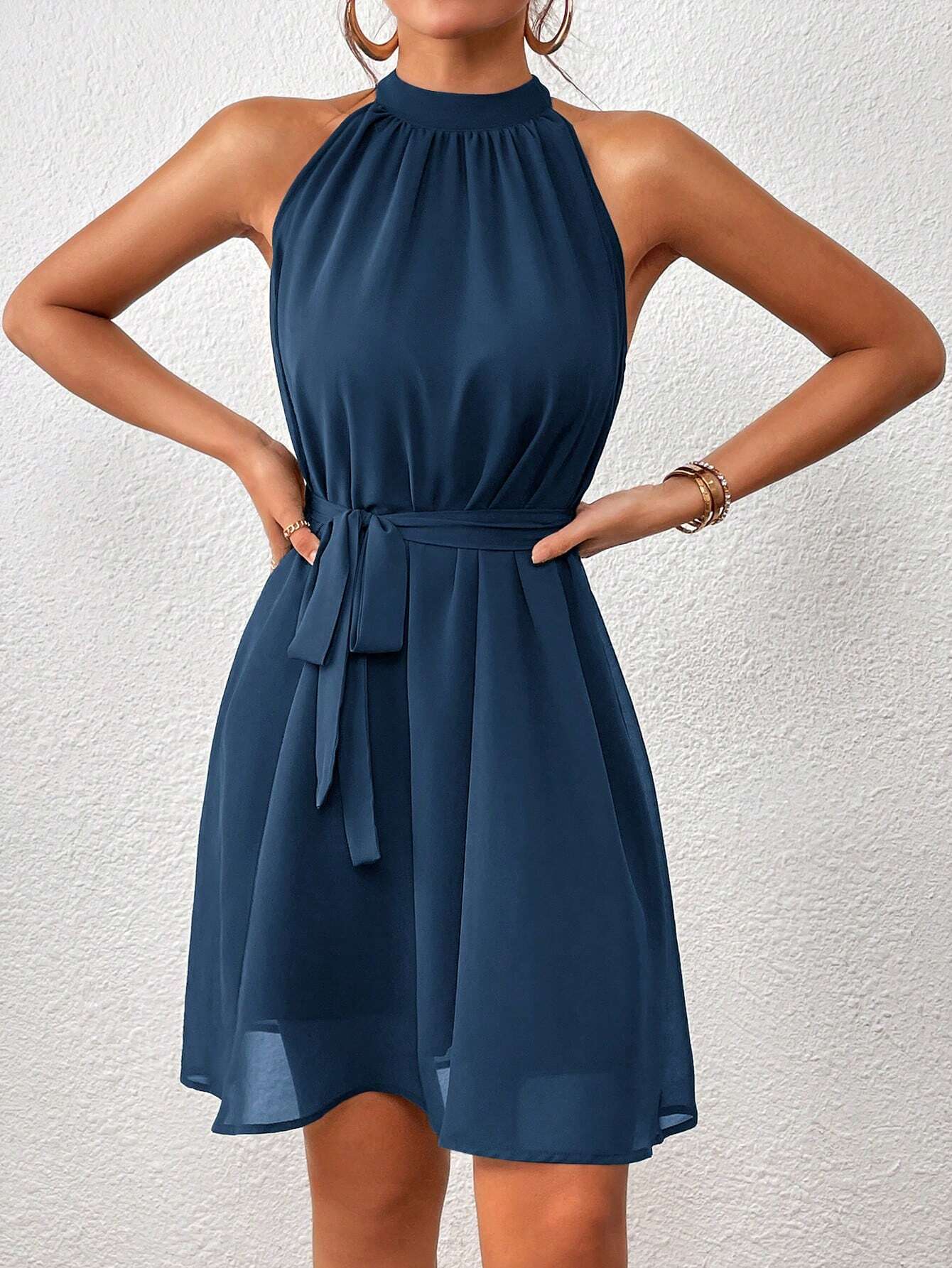 Vestido Mini Frente-Única com Cinto - Azul Casual Feminino