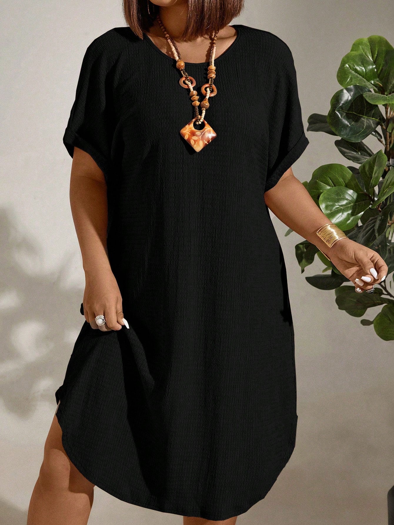 Vestido de Linho Plus Size Manga Morcego