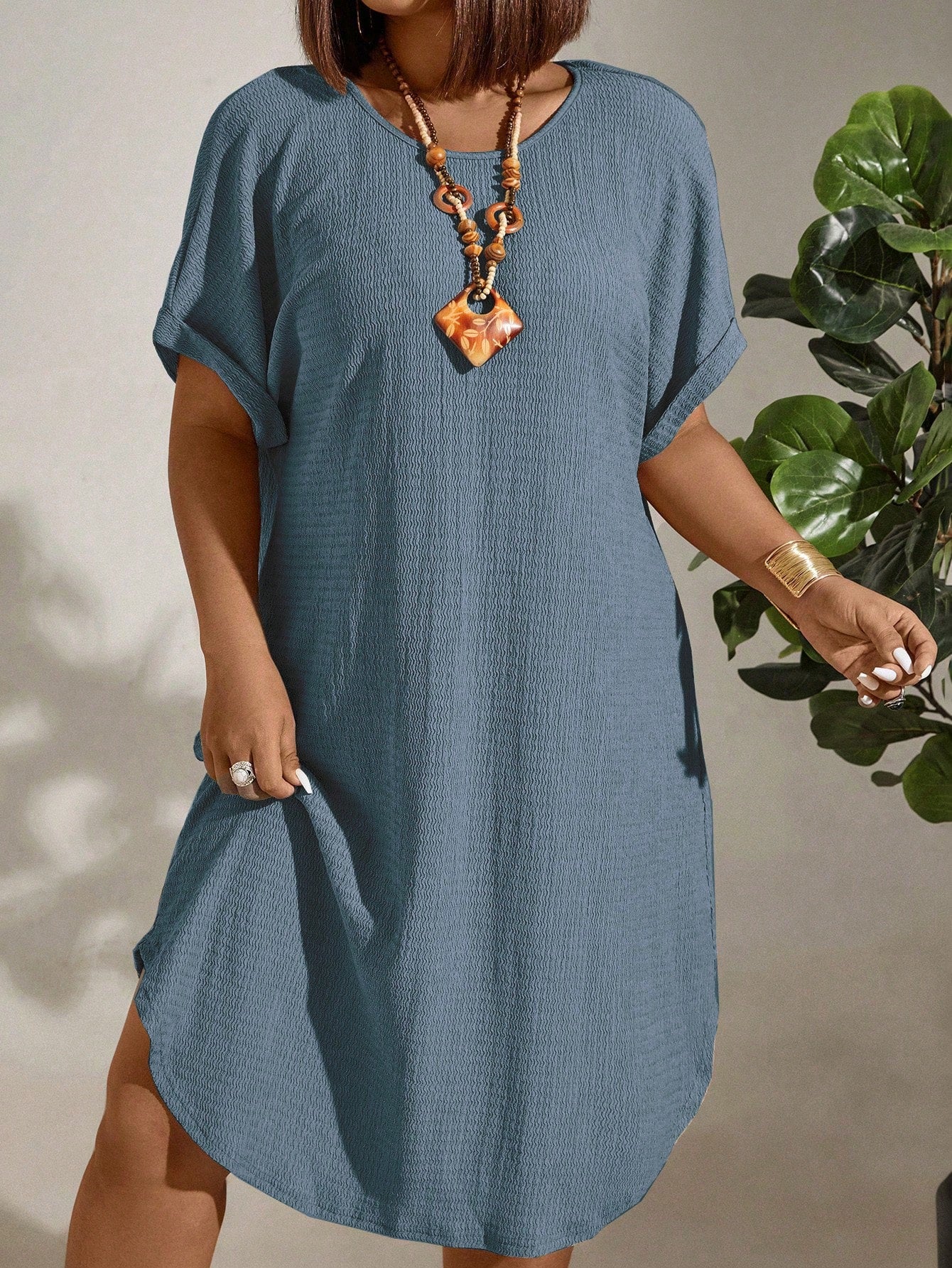 Vestido de Linho Plus Size Manga Morcego