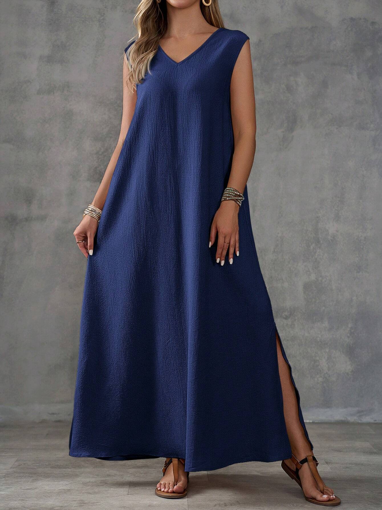 Vestido Maxi Sem Mangas com Decote V