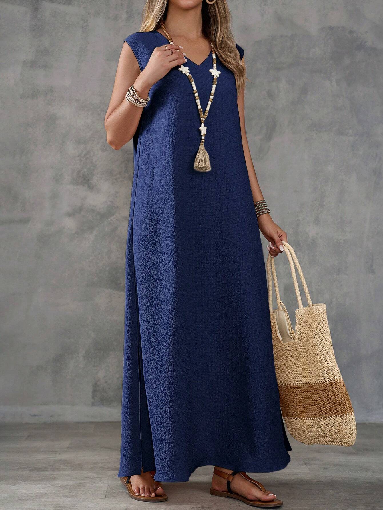 Vestido Maxi Sem Mangas com Decote V