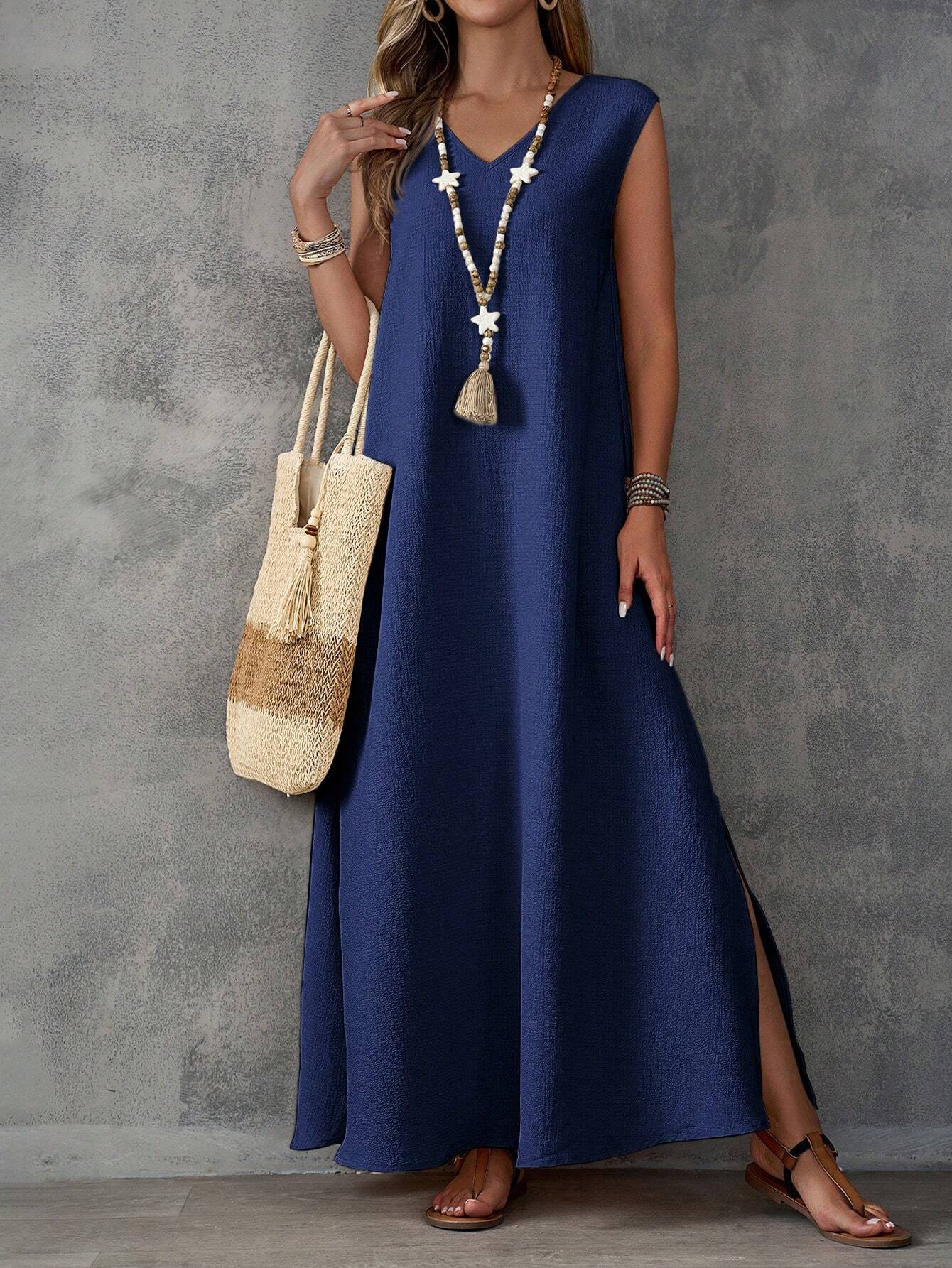Vestido Maxi Sem Mangas com Decote V