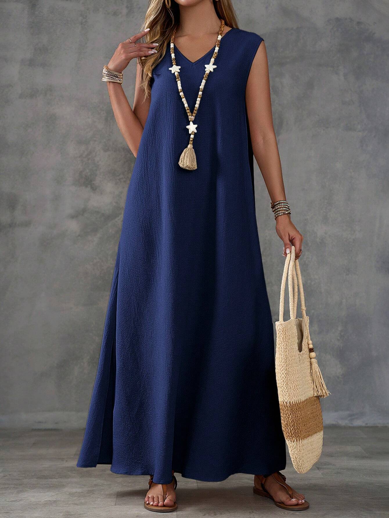 Vestido Maxi Sem Mangas com Decote V