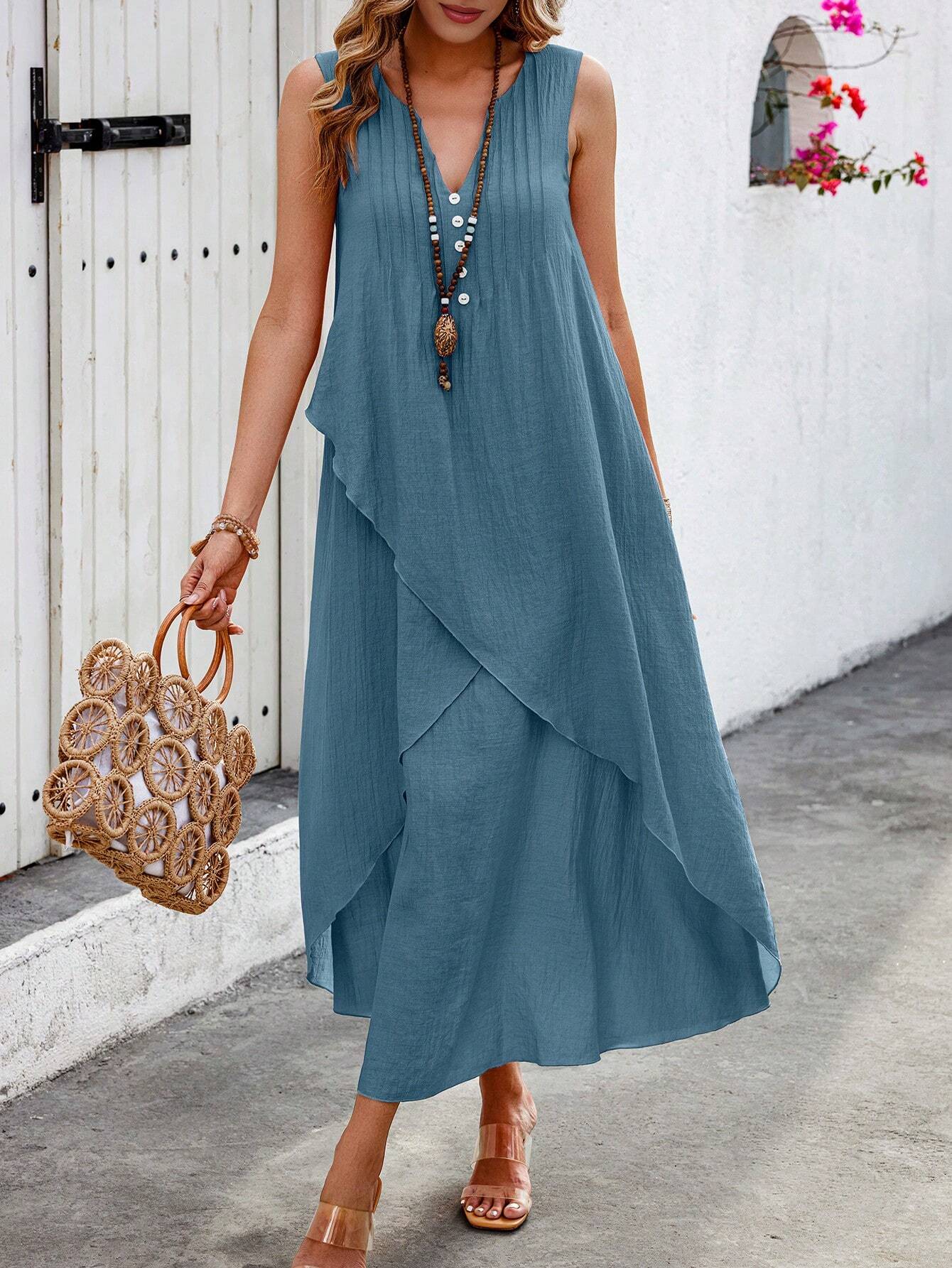 Vestido Longo com Decote V e Bainha Cruzada - Helena