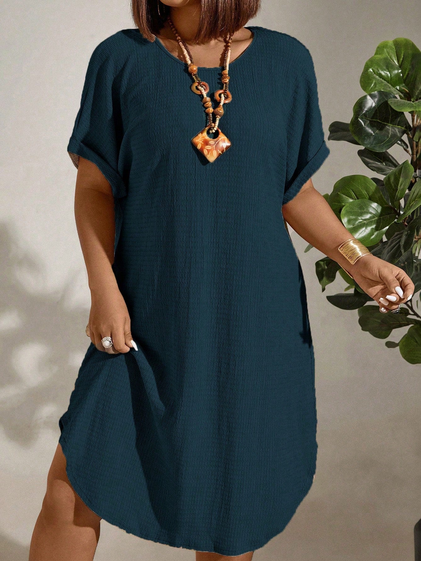 Vestido de Linho Plus Size Manga Morcego