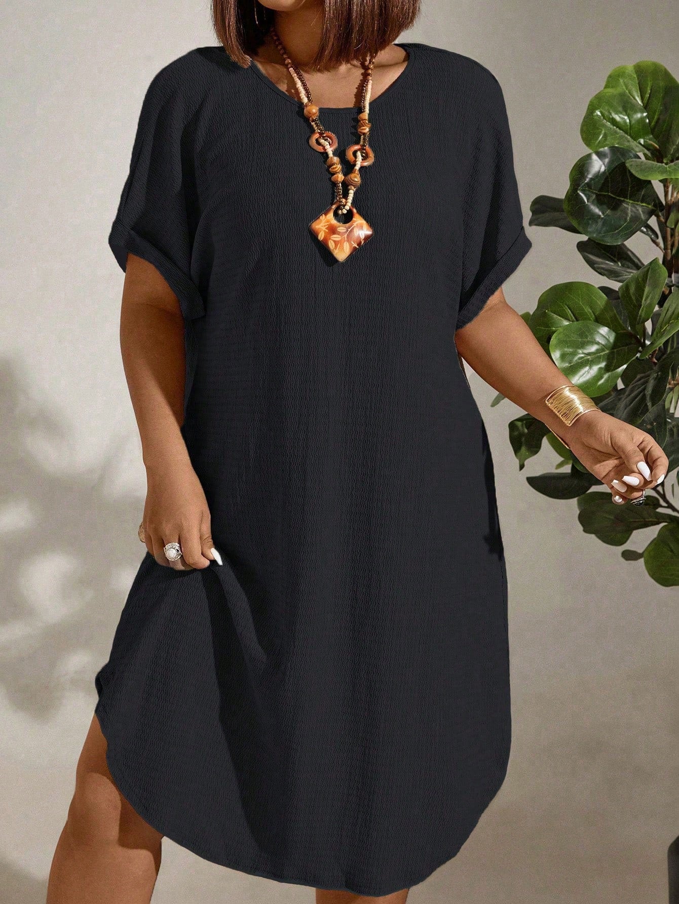 Vestido de Linho Plus Size Manga Morcego
