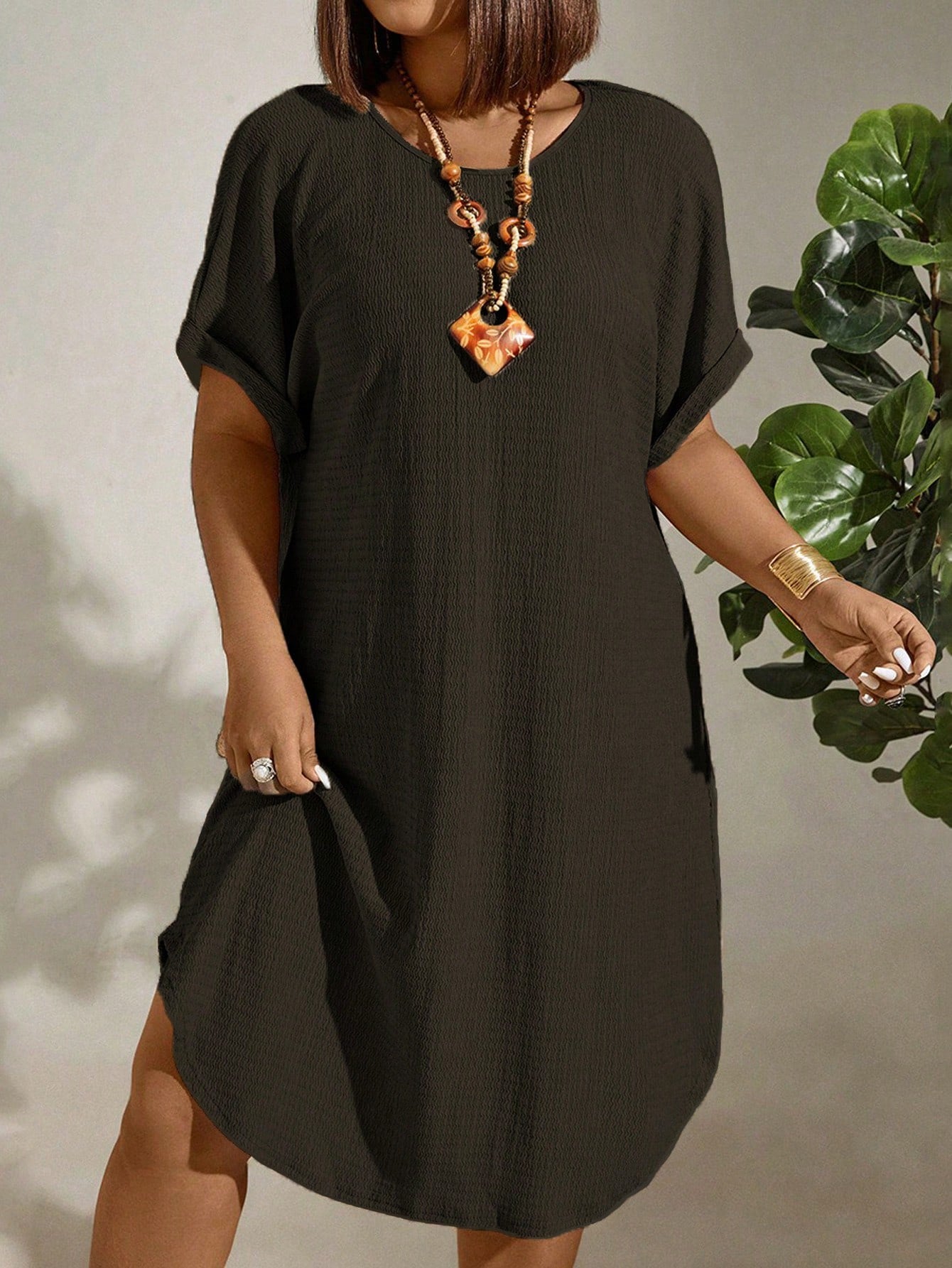 Vestido de Linho Plus Size Manga Morcego