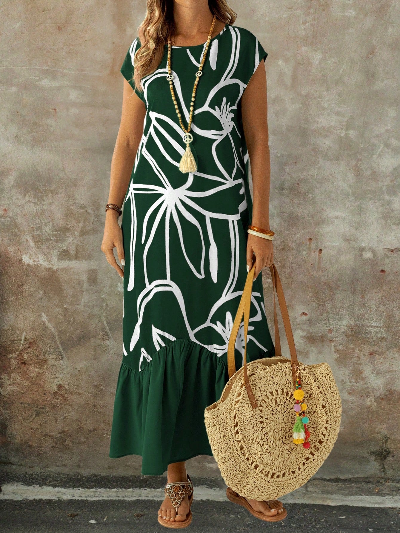 Vestido Longo com Babados e Manga Morcego - Carolina