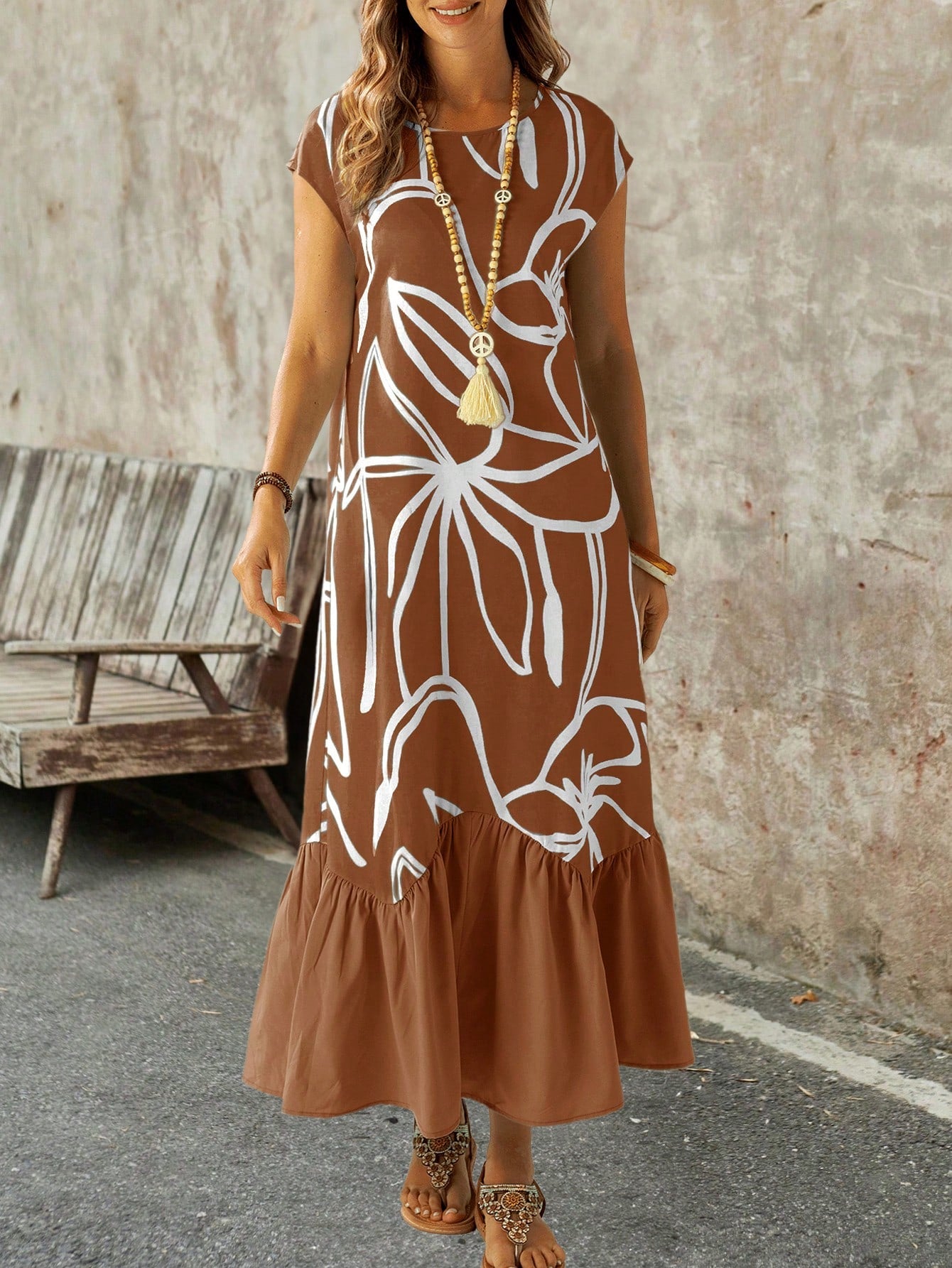Vestido Longo com Babados e Manga Morcego - Carolina