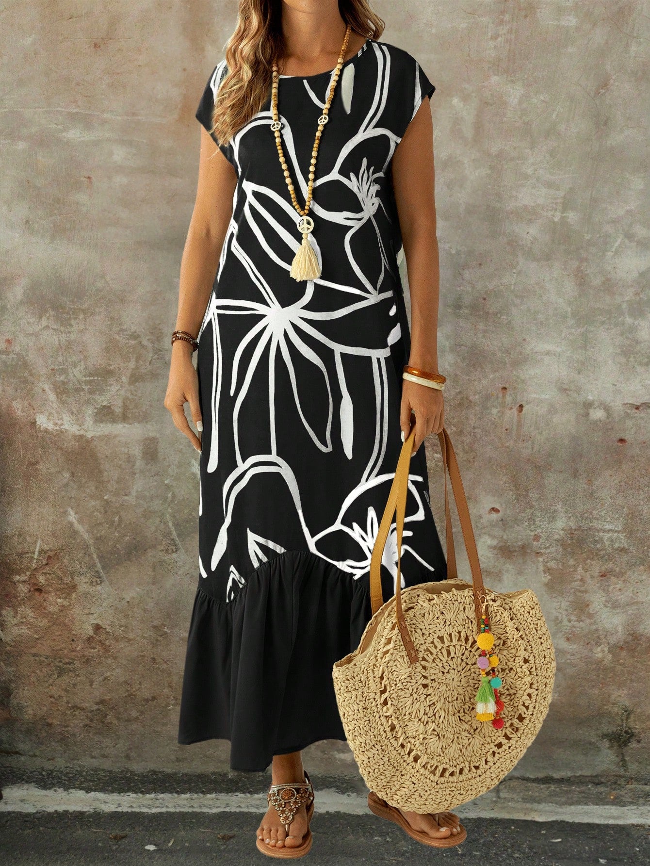 Vestido Longo com Babados e Manga Morcego - Carolina