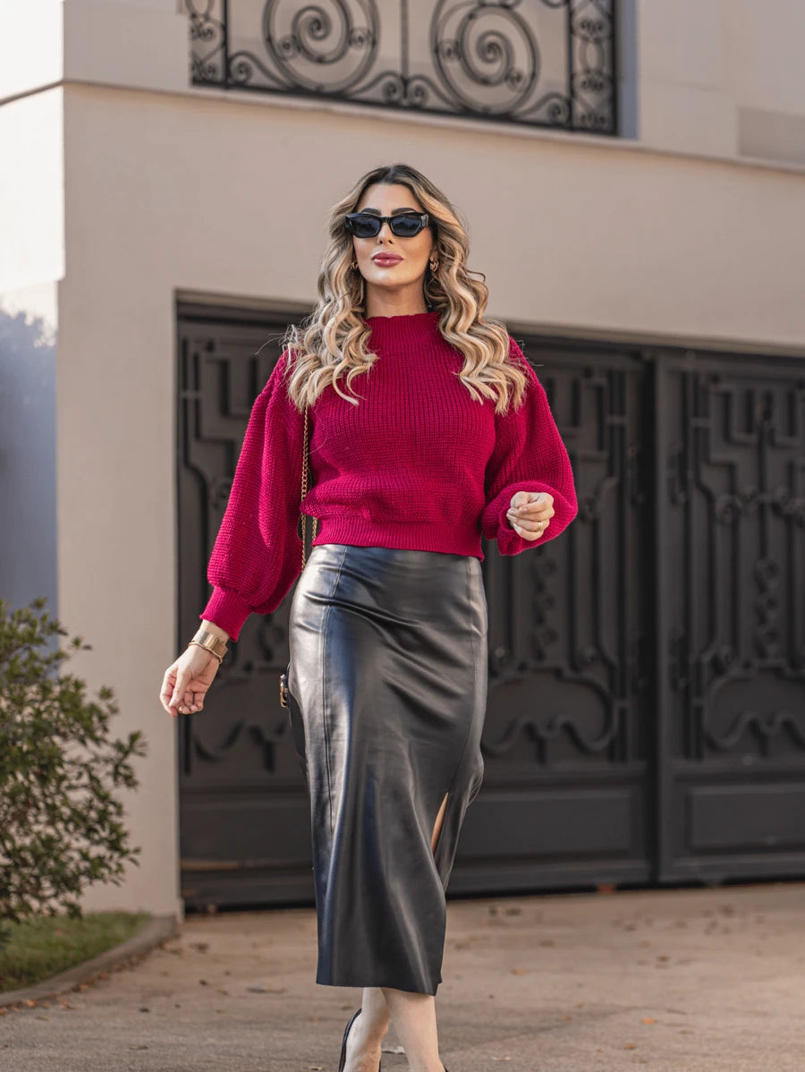 Suéter Cropped com Manga Bufante e Trama Texturizada – Seline