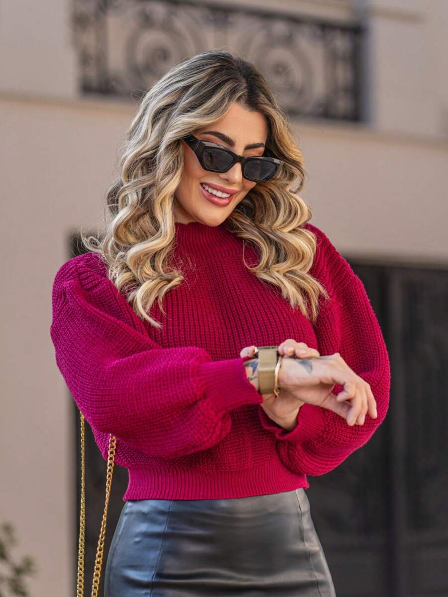 Suéter Cropped com Manga Bufante e Trama Texturizada – Seline