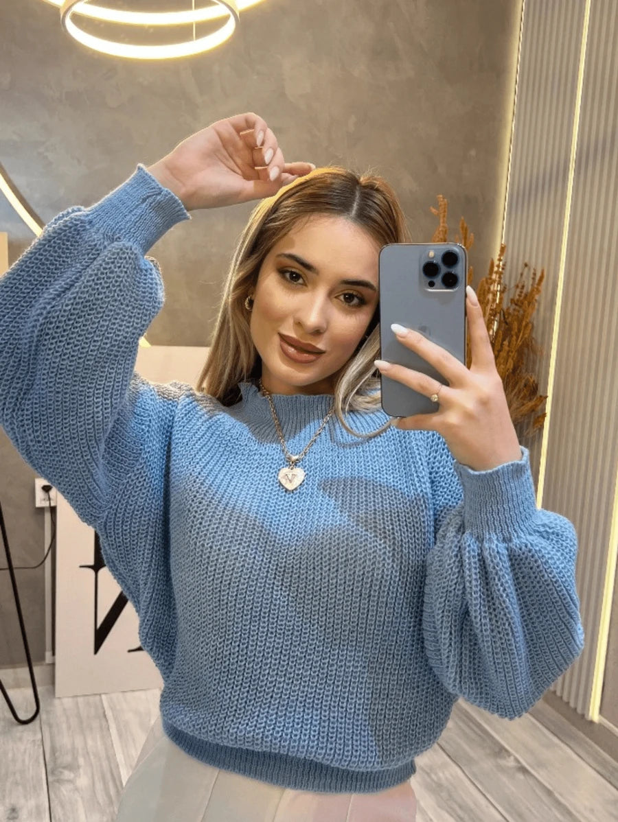 Suéter Cropped com Manga Bufante e Trama Texturizada – Seline