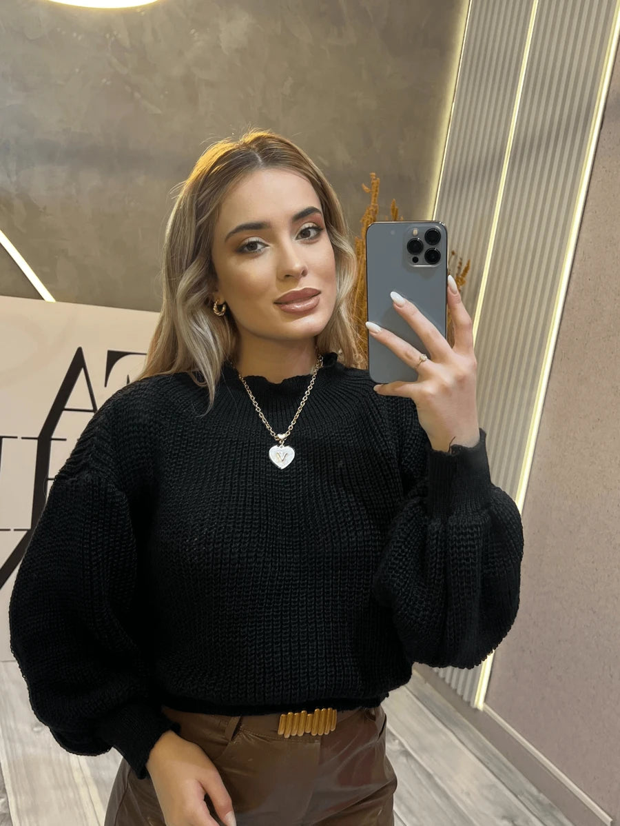Suéter Cropped com Manga Bufante e Trama Texturizada – Seline