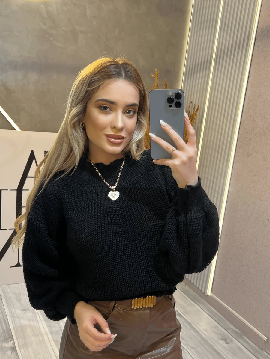 Suéter Cropped com Manga Bufante e Trama Texturizada – Seline