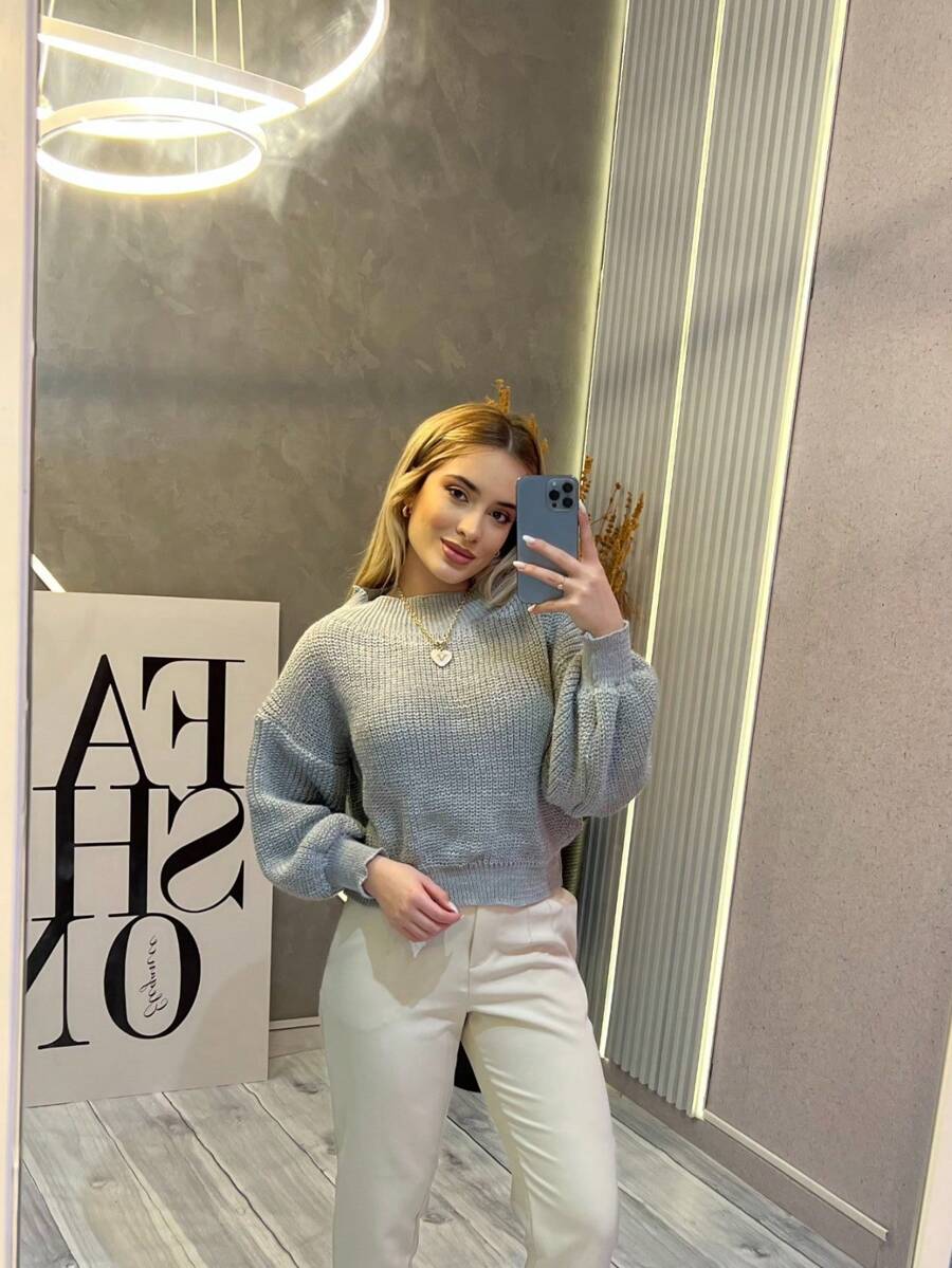 Suéter Cropped com Manga Bufante e Trama Texturizada – Seline