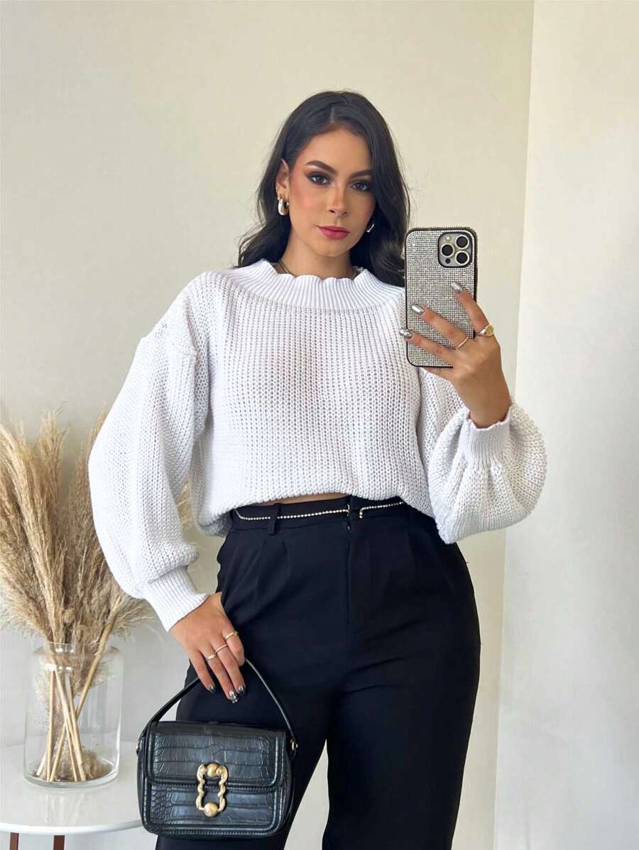 Suéter Cropped com Manga Bufante e Trama Texturizada – Seline