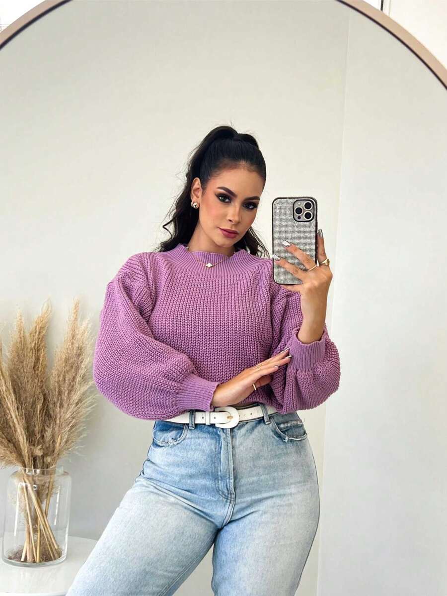 Suéter Cropped com Manga Bufante e Trama Texturizada – Seline