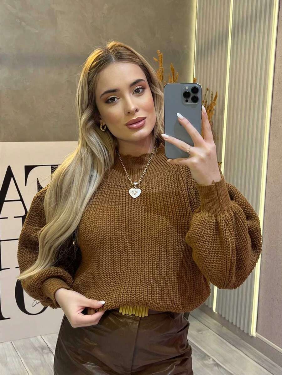 Suéter Cropped com Manga Bufante e Trama Texturizada – Seline