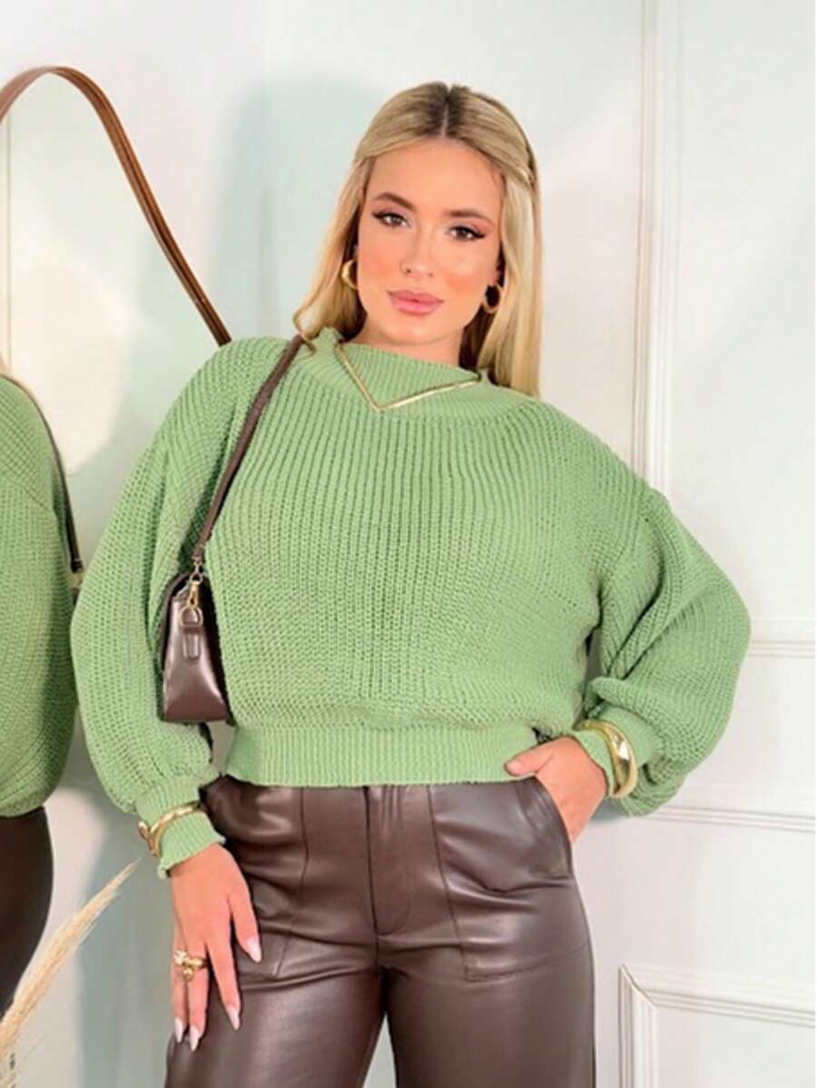 Suéter Cropped com Manga Bufante e Trama Texturizada – Seline