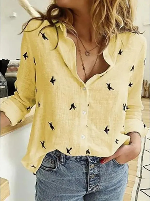 Camisa De Linho Feminina com Botões - Amarela-estampada-XXG - HumArraso