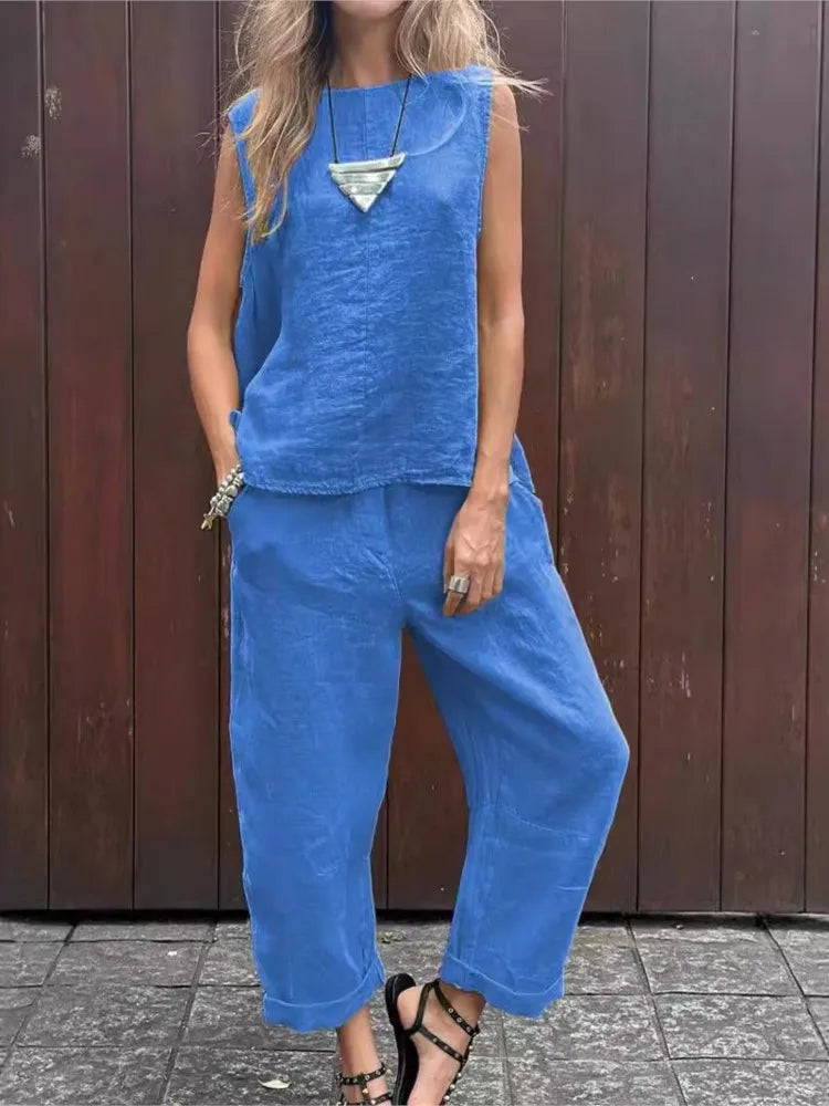 Conjunto de Algodão e Linho com Blusa Sem Mangas - Larissa