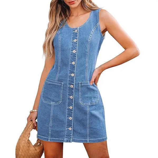 Vestido Curto Jeans Sem Manga