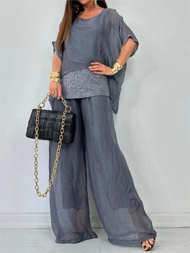 Conjunto Feminino de Chiffon com Calça Solta