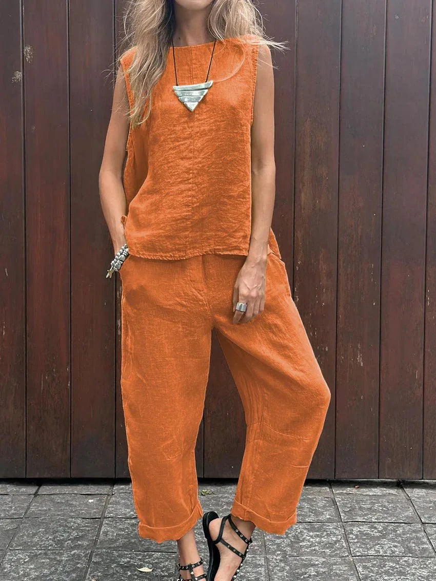 Conjunto de Algodão e Linho com Blusa Sem Mangas - Larissa