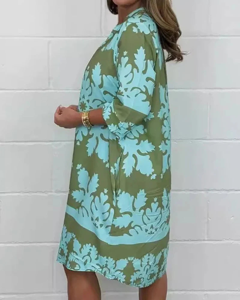 Vestido Midi com Gola V Estampado Fabienne