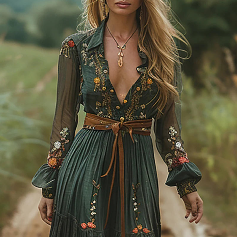 Vestido Longo Estampado com Botões