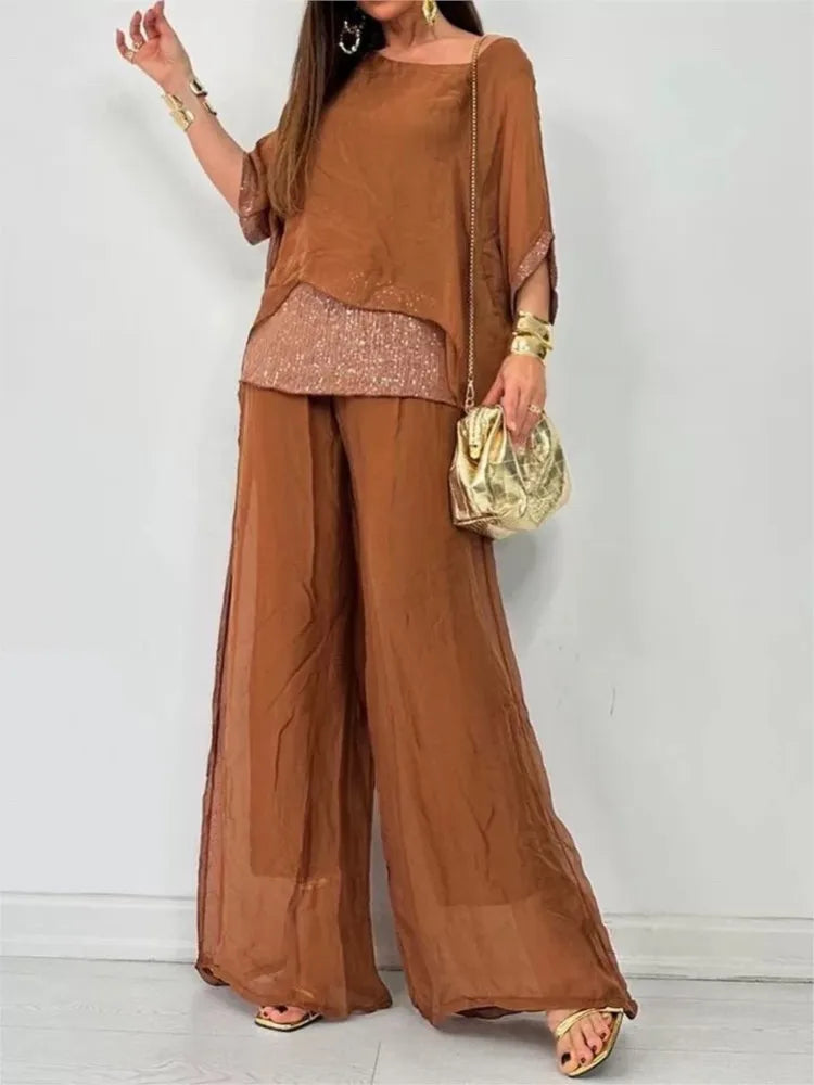 Conjunto Feminino de Chiffon com Calça Solta