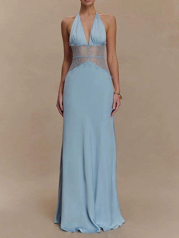 Vestido Longo com Retalhos em Renda