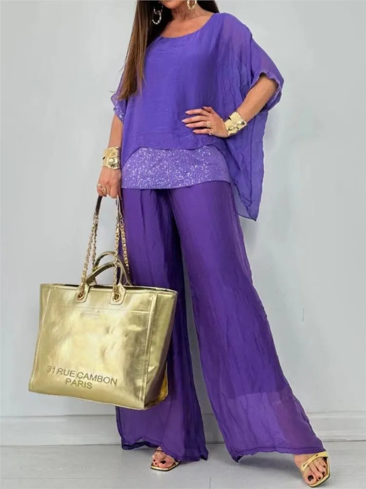 Conjunto Feminino de Chiffon com Calça Solta
