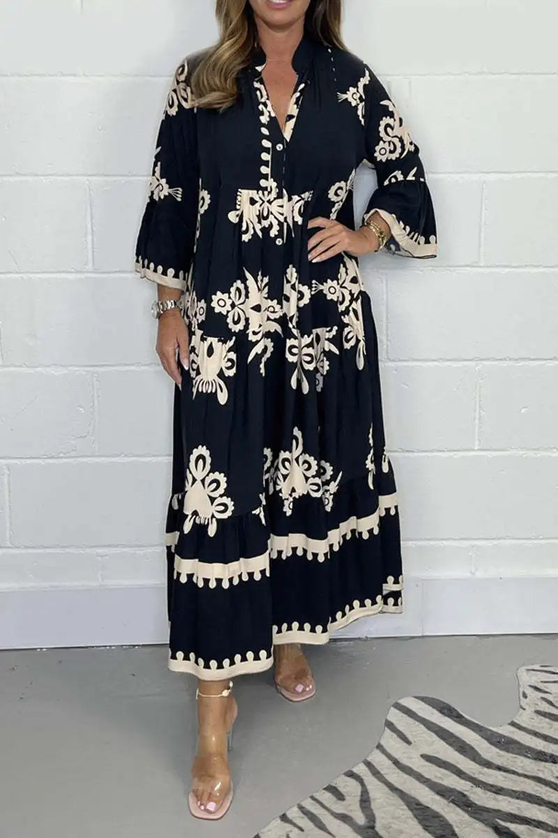 Vestido Longo Estampado de Manga Três Quartos