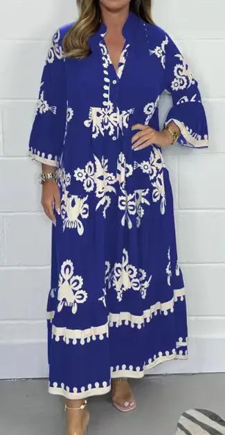 Vestido Longo Estampado de Manga Três Quartos