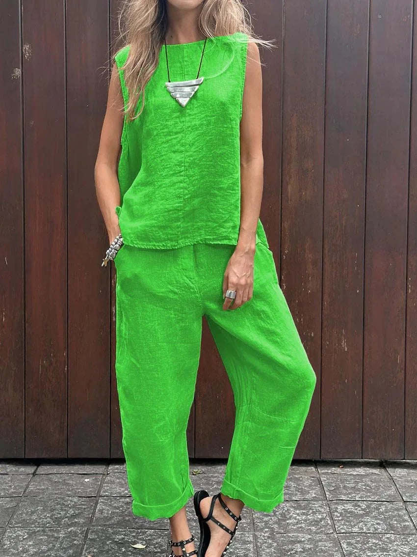 Conjunto de Algodão e Linho com Blusa Sem Mangas - Larissa