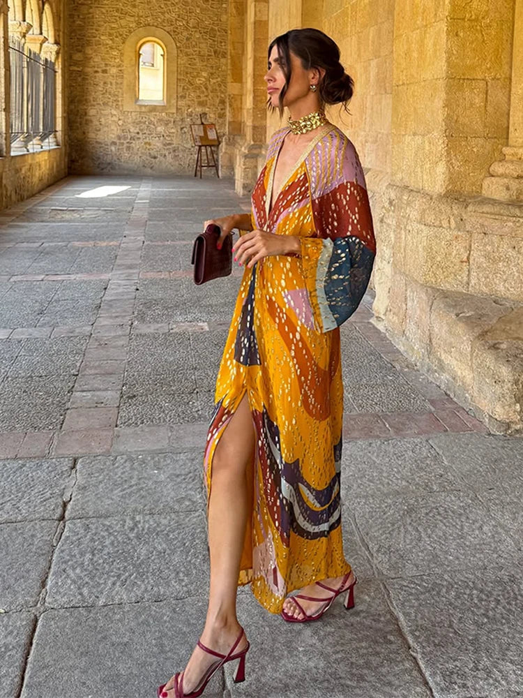 Vestido Longo Estampado Celeste