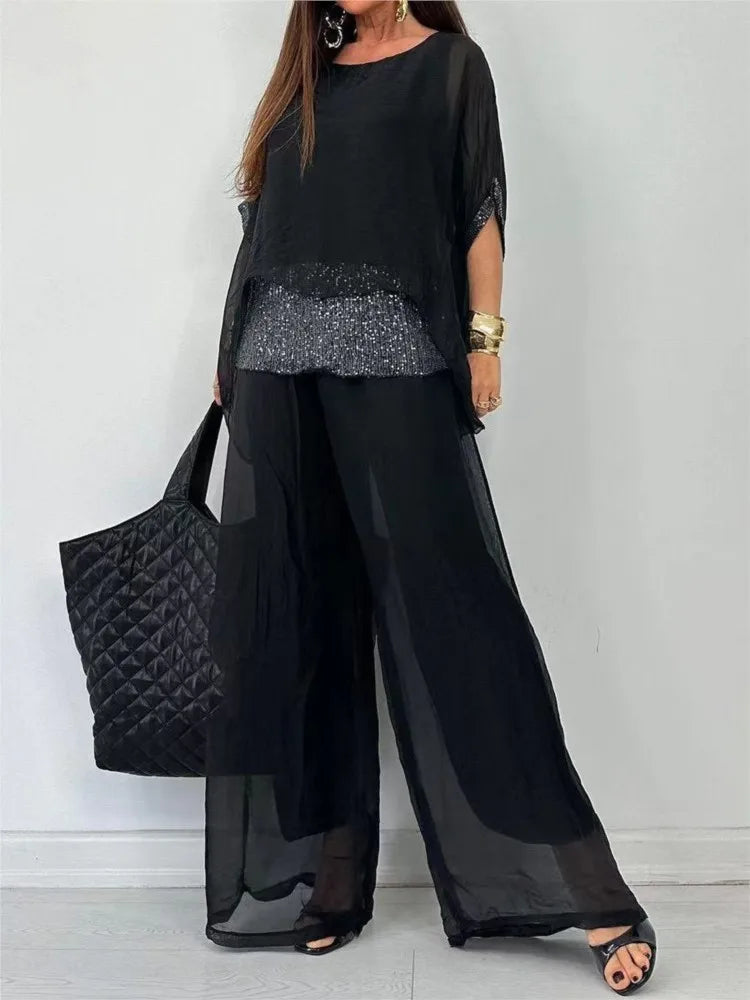 Conjunto Feminino de Chiffon com Calça Solta