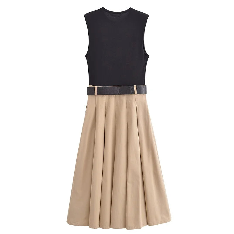 Vestido Longo com Saia Bege e Cinto