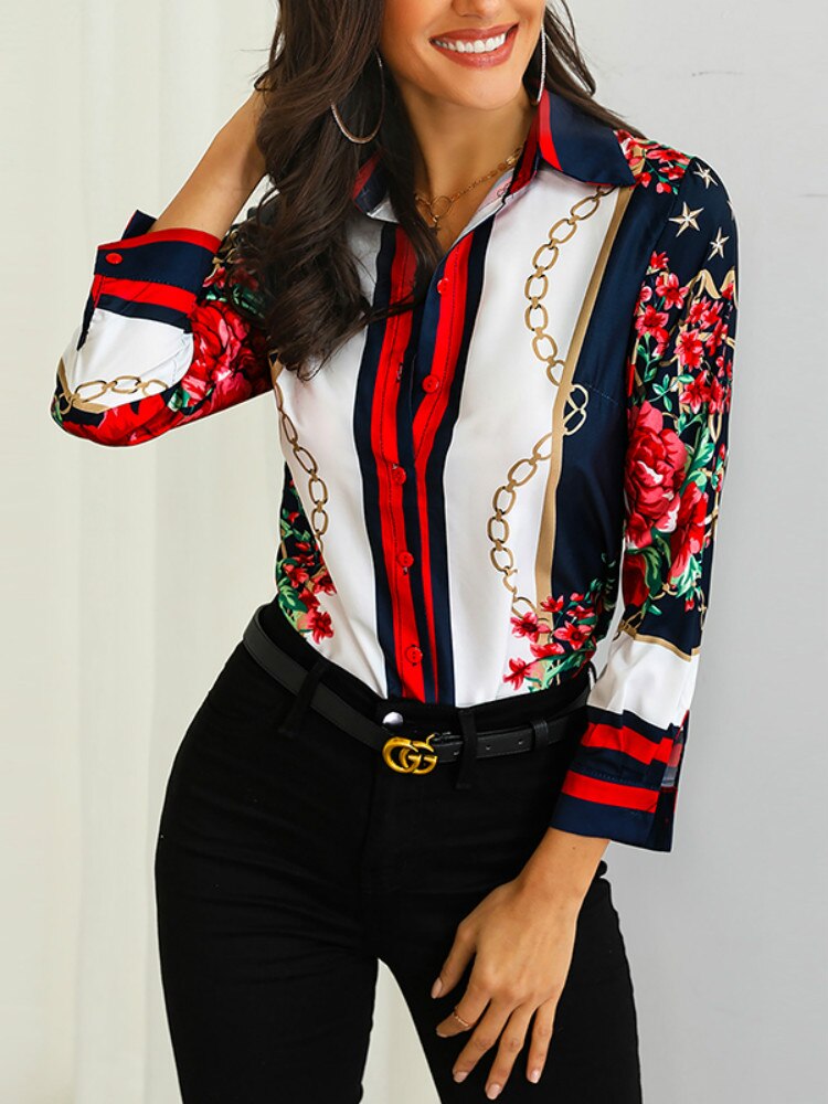 Camisa Manga Longa Feminina Elegante Floral HumArraso