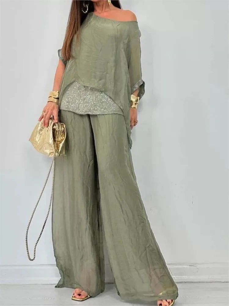 Conjunto Feminino de Chiffon com Calça Solta
