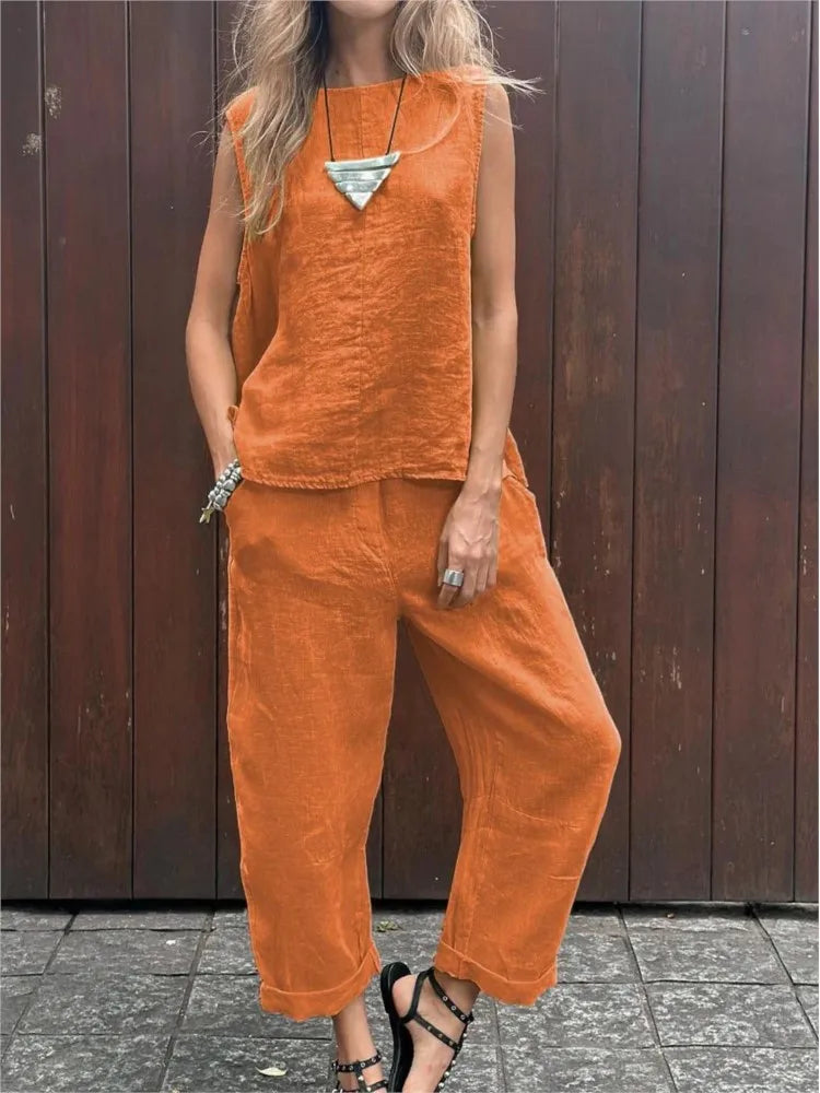 Conjunto de Algodão e Linho com Blusa Sem Mangas - Larissa
