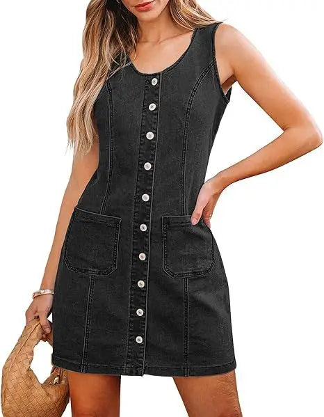 Vestido Curto Jeans Sem Manga