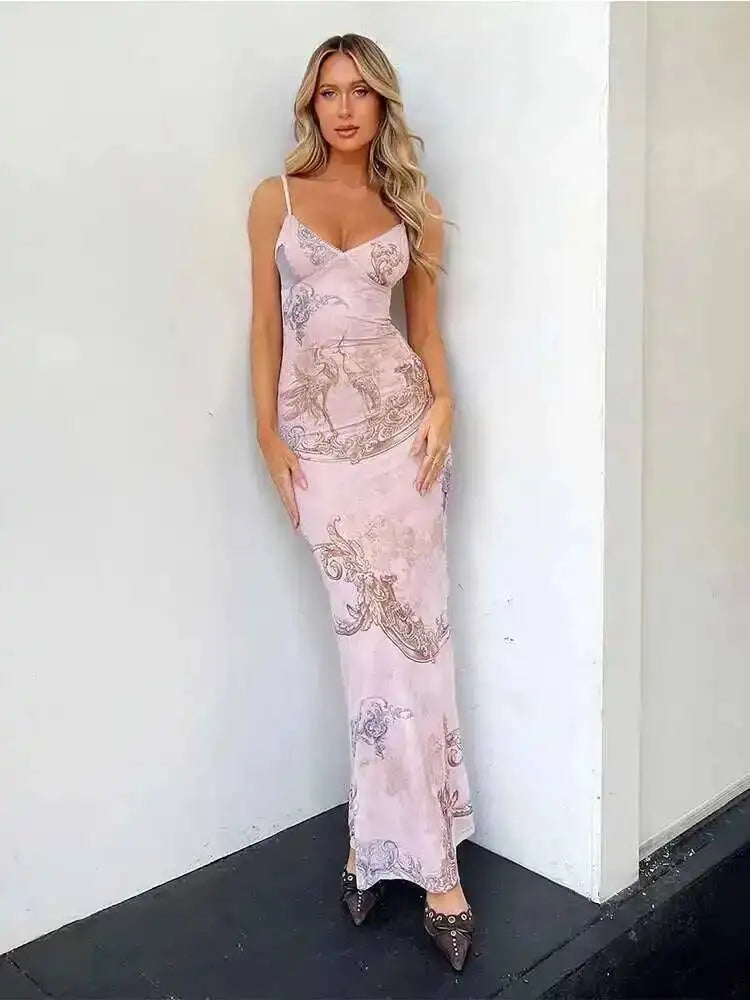 Vestido Longo Estampado com Alça Espaguete Eliane