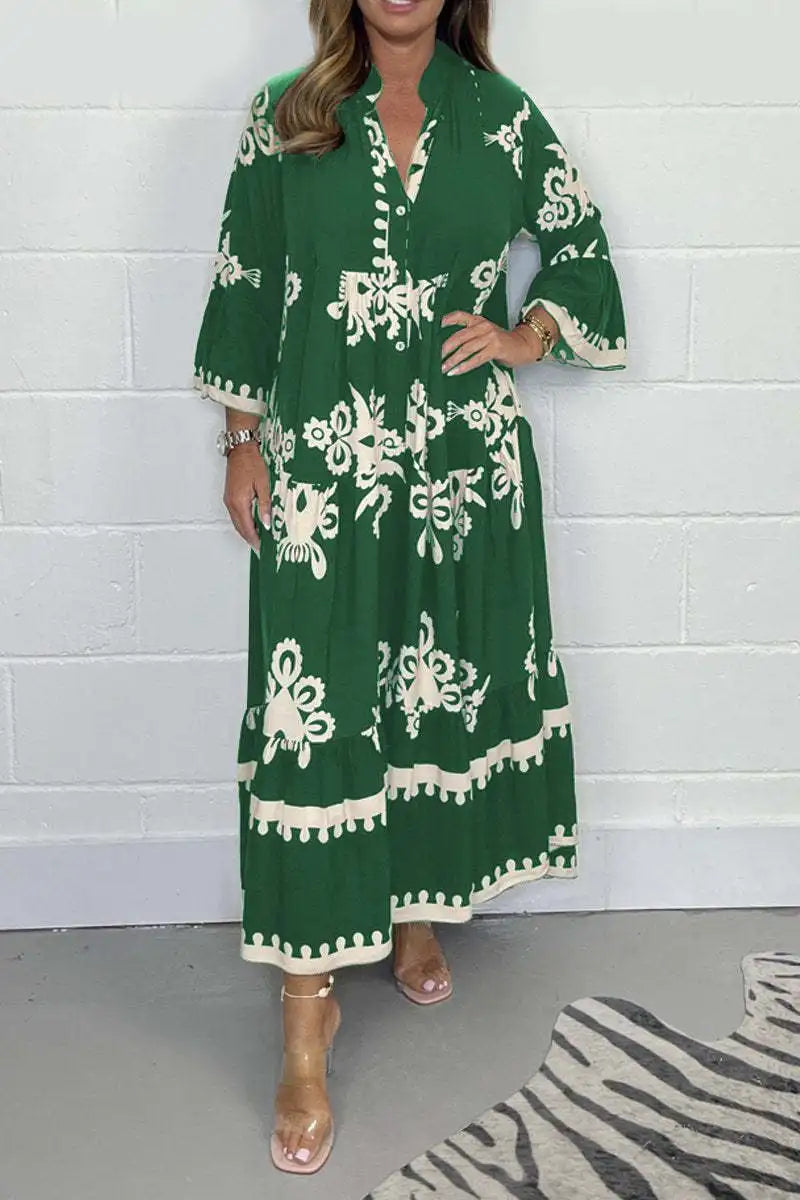 Vestido Longo Estampado de Manga Três Quartos