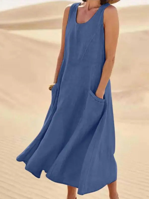 Vestido De Linho Midi - Azul-G4 - HumArraso