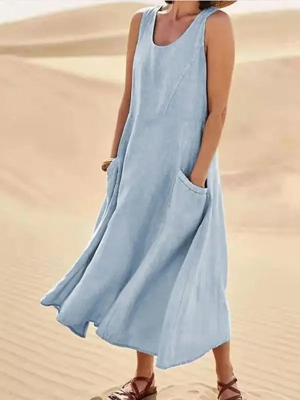 Vestido De Linho Midi - Azul-do-céu-G4 - HumArraso