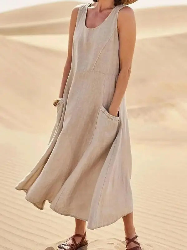 Vestido De Linho Midi - Caqui-G4 - HumArraso