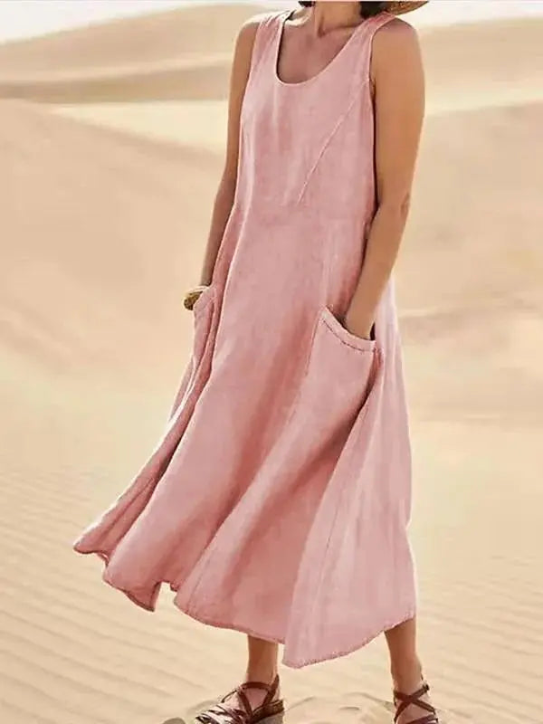 Vestido De Linho Midi - Rosa-G4 - HumArraso